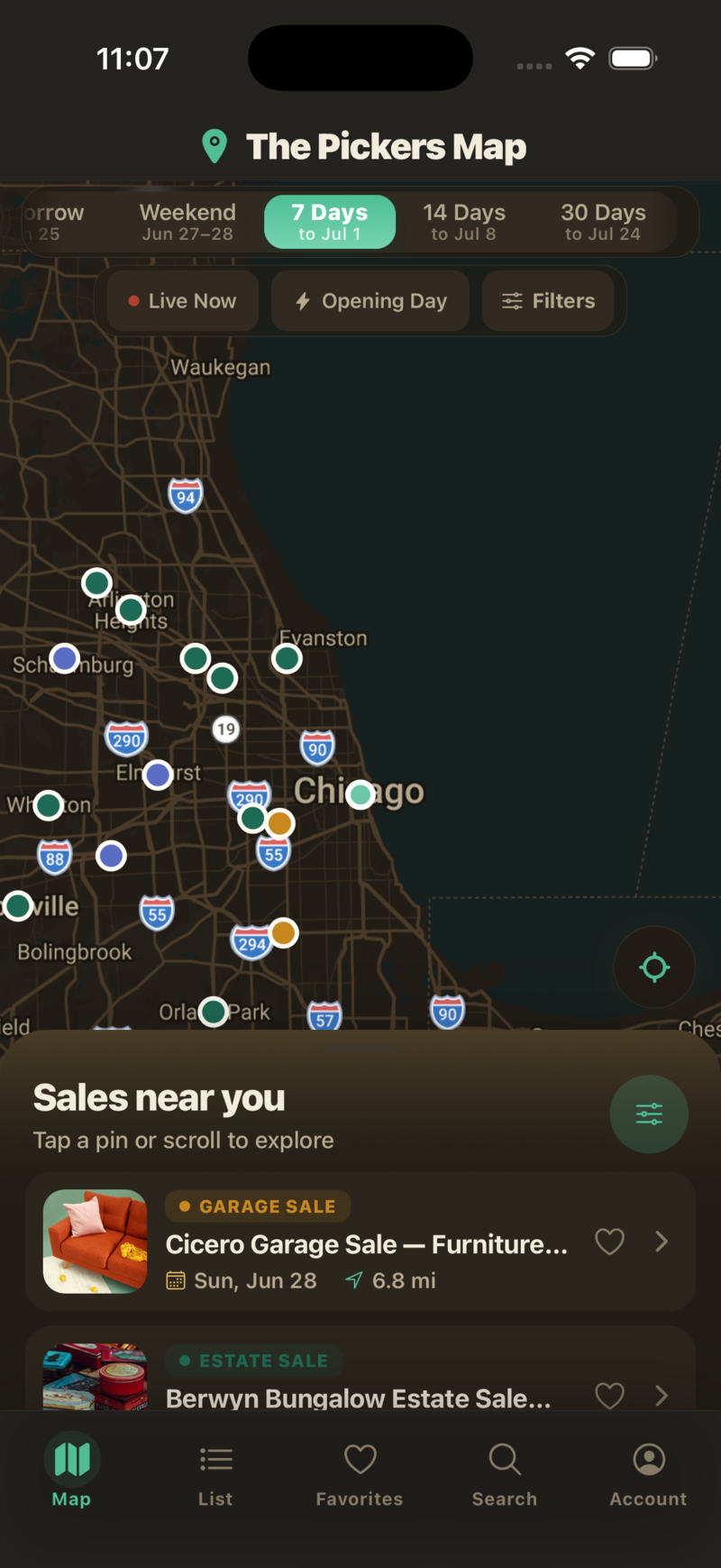 The Pickers Map app in dark mode showing estate, moving, and garage sales across the Chicagoland area